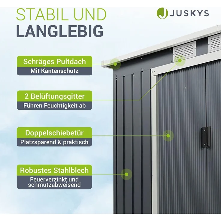 Juskys Metall Gerätehaus M mit Pultdach, Schiebetür & Fundament | 4m³ | 218×132×174 cm | anthrazit | Geräteschuppen Gartenhaus Garten Schuppen – Bild 5