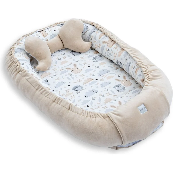 Loolay Kuschelnest BABYNEST + DECKE + Kissen Babyausstattung Baumwolle & Samt Velours, (MUSTER: BEIGE Samt Velour/ HASE EULE, 3-tlg, Liebevoll handgefertigt Nestchen! Geborgenheit Komfort für Neugeborene), Premium Ausstattung - 100% Europäische Stoffe ... – Bild 3