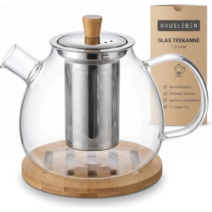 hausleben Teekanne Glas mit Edelstahl-Sieb Untertelle 1,5 Liter, (1-St), Bambus Unterteller Tropffrei, Hitzebeständig, Spülmaschinenfest