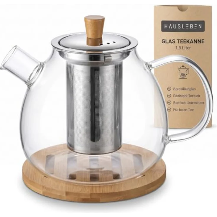 hausleben Teekanne Glas mit Edelstahl-Sieb Untertelle 1,5 Liter, (1-St), Bambus Unterteller Tropffrei, Hitzebeständig, Spülmaschinenfest – Bild 1