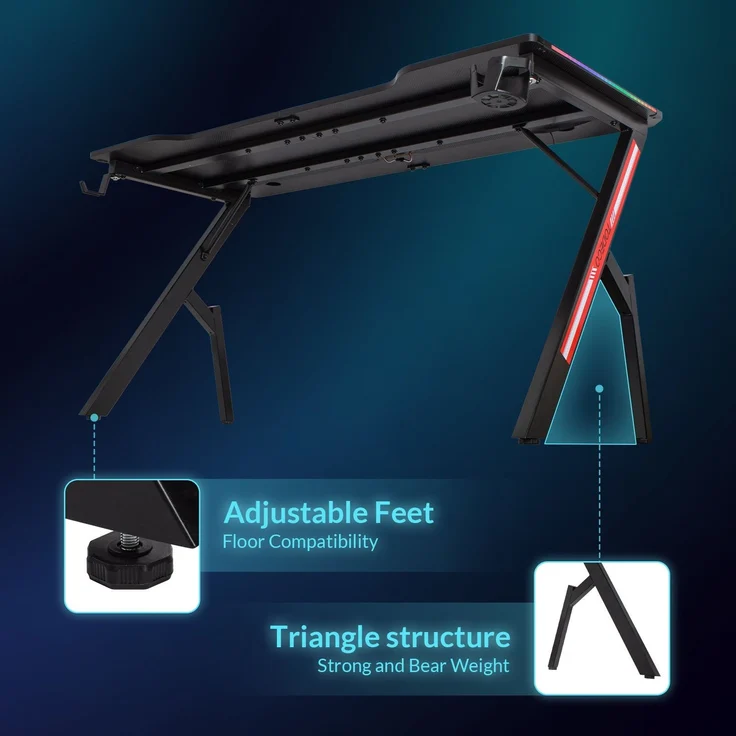 Todeco 160 x 60cm Gaming Tisch mit LED, Gaming Schreibtisch, PC Tisch Gaming mit Kohlefaseroberfläche, mit Kopfhörerhaken Getränkehalter, Ergonomischer PC Gaming Tisch – Bild 7