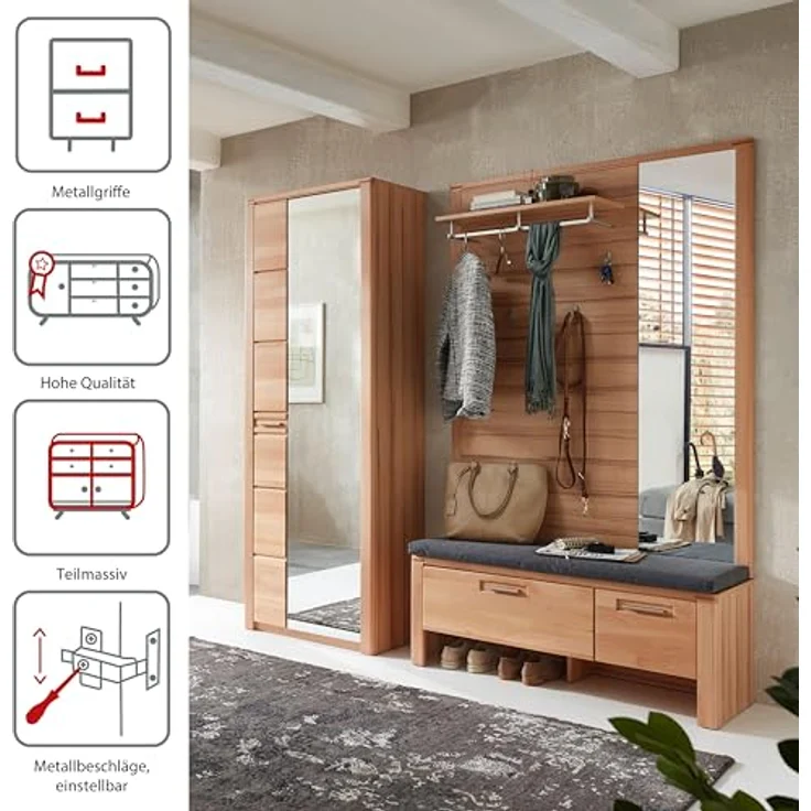 Stella Trading Nature ONE Flurgarderoben Set in Kernbuche Teil-massiv FSC-Zertifiziert - Modernes Garderobenset 3-teilig für Ihren Eingangsbereich - 209 x 201 x 40 cm (B/H/T) – Bild 6