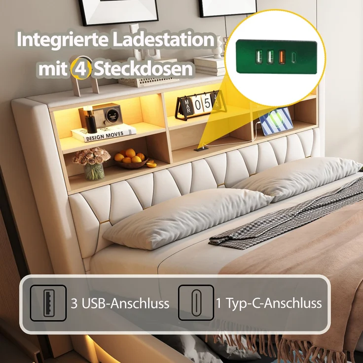 Merax Polsterbett, 180×200cm Doppelbett, mit hydraulischem Stauraum APP-gesteuertes LED-Lichtband USB-Ladeanschluss Metall-Lattenrost, Leinenpolsterung, Beige – Bild 5