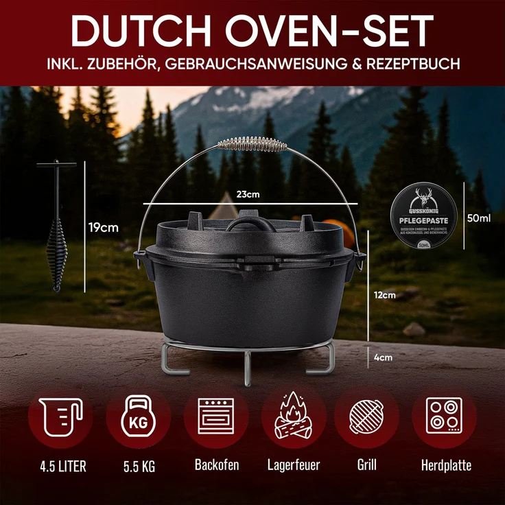 GUSSKÖNIG Dutch Oven Klassisch Topf ohne Füßen 4,5L Set – Bild 2