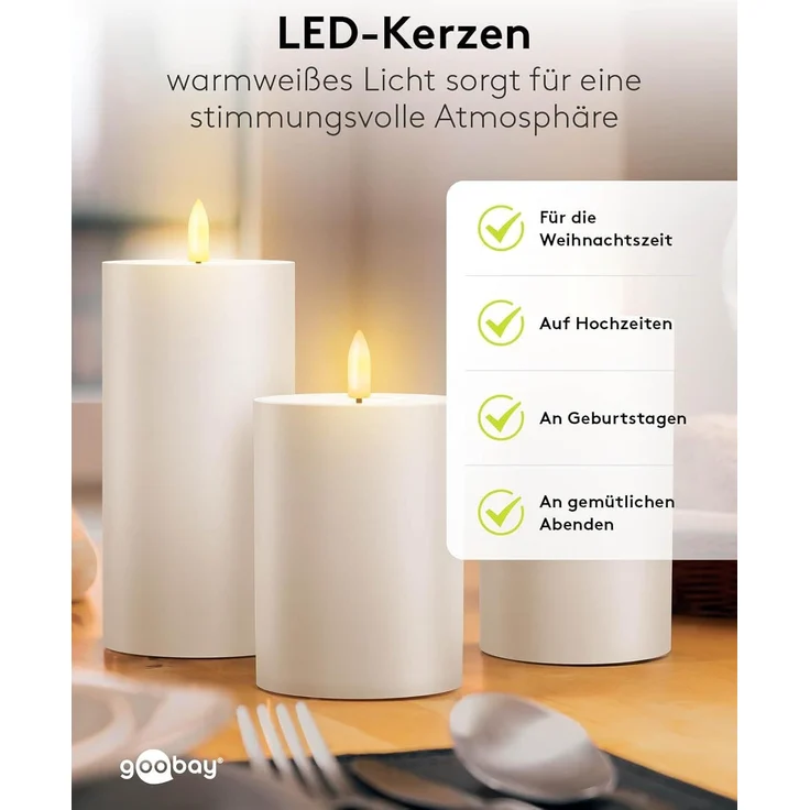 goobay 64786 LED Kerzen 3er Set mit Fernbedienung / elektrische Outdoor Kerzenlichter / realistisch flackernde Flamme / LED Deko / Timerfunktion / Flammenlose LED Kerzen / Batteriebetrieben / weiß – Bild 7
