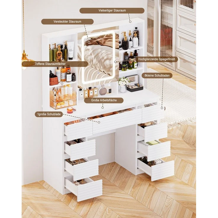HOMALL Schminktisch LED-Schminkspiegel, schwarz-weißer Schminktisch und Hocker im Set (Kombination aus 9 Schubladen, 7 offenen Fächern und Stauraum hinter dem Spiegel, Maße: 108 x 40 x 146 cm, mit 2 Steckdosen, 1 USB-Anschluss und 1 Typ-C-Anschluss sow... – Bild 4