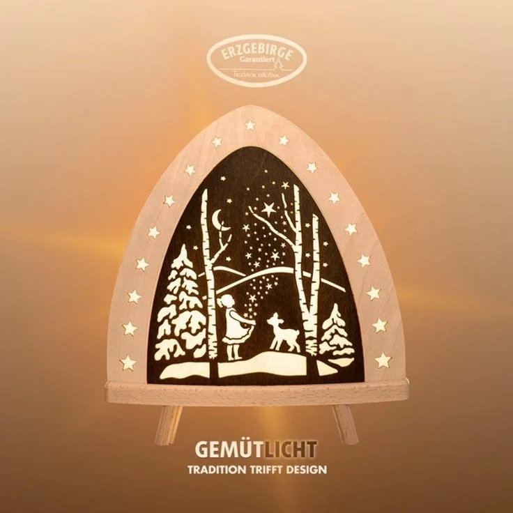 Weigla Lichterbogen LED Sterntaler, Holz Dekolampe, Märchen, NATUR-BRAUN, Made in Germany (1-tlg), Erzgebirge garantiert, Weihnachtsdeko Innen, Weihnachtsbeleuchtung – Bild 4