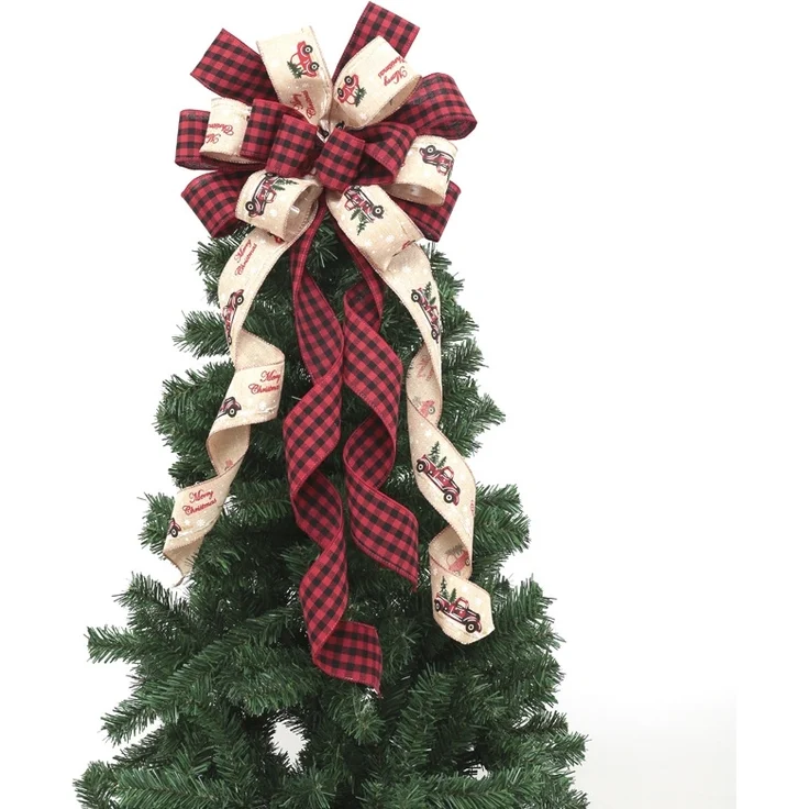 1 Stück – Handgefertigte Baumspitze mit Büffelkaromuster & Schleife, Weihnachtsdeko (83 cm) – Bild 1