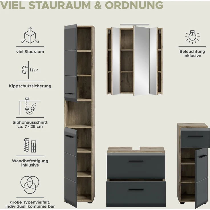Badkombination (B/H/T: 150x185x46 cm) in schwarz matt und Nox Oak Nachbildung – Bild 9