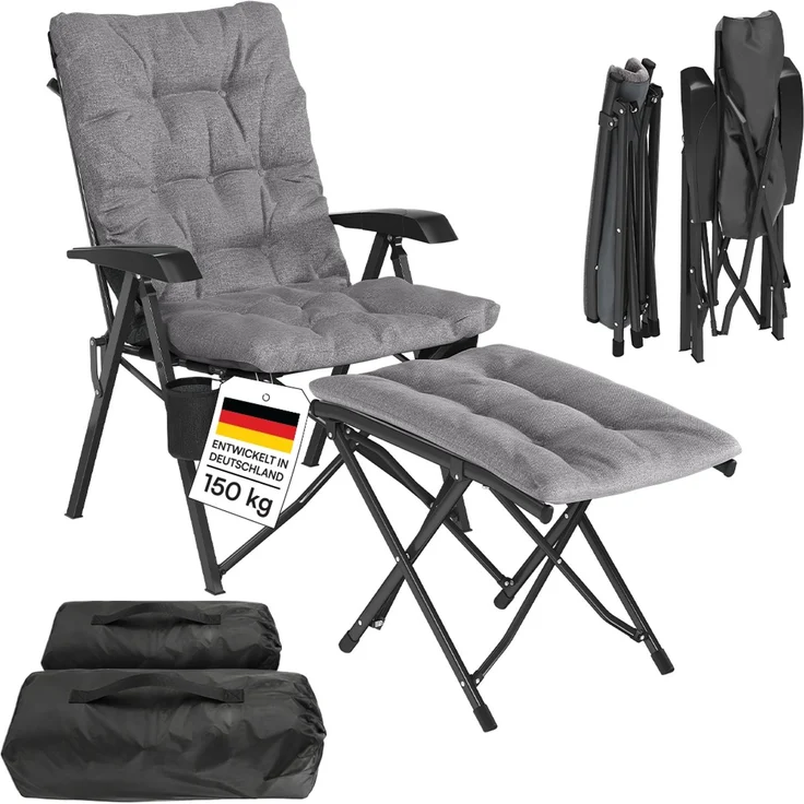 STEELSØN 'Hoggar' Set aus Campingstuhl mit Seitentasche & Getränkehalter und Hocker, faltbar, grau, gepolsterter Campingstuhl, bis 150 kg – Bild 1