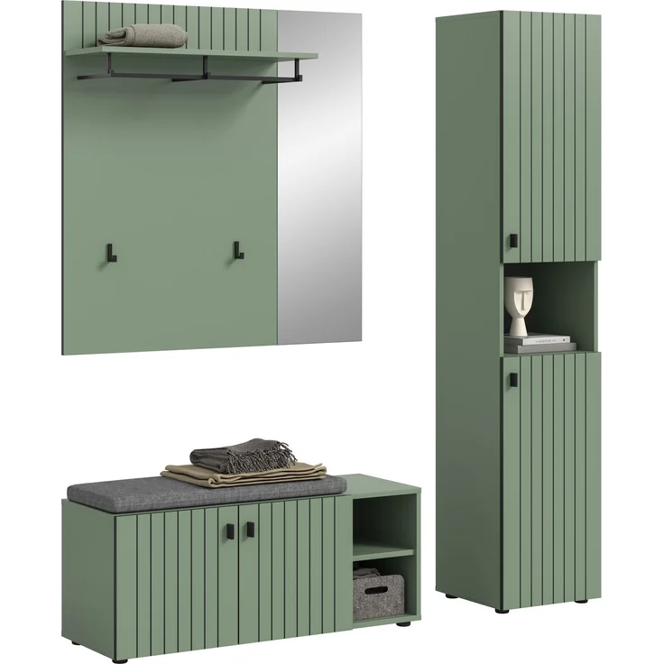 Garderobenkombination inkl. Sitzkissen (B/H/T: 161x192x37 cm) in Smoke Green Nachbildung – Bild 1