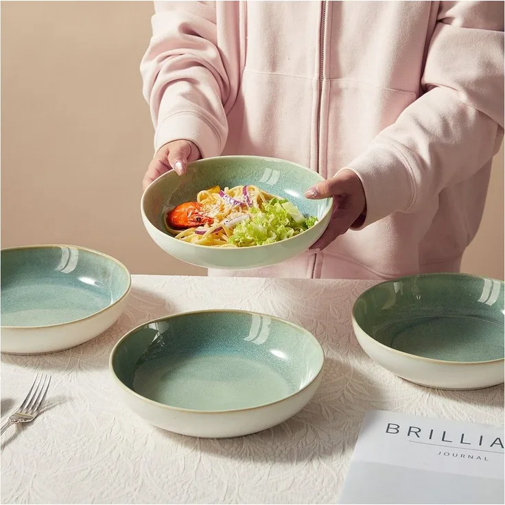 JIWOO Suppenteller 4er Ø21,9cm, Speiseteller Pastateller Salatteller Dessertteller Plate, (4 St), Keramik Hochwertiges Tellerset Grün Mikrowellenofen Spülmaschine