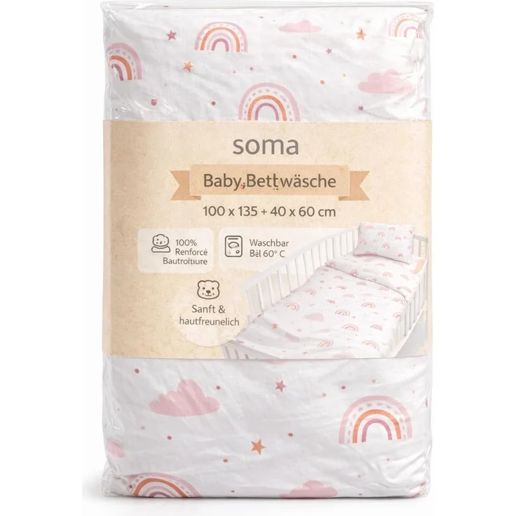 soma Babybettwäsche Renforcé Baby Wende Bettwäsche 100x135 Regenbogen Wolke pink rosa weiß, Renforcé, 2 teilig, Babybettwäsche Rainbow Baumwolle warme winter weihnachtsbettwäsche – Bild 8