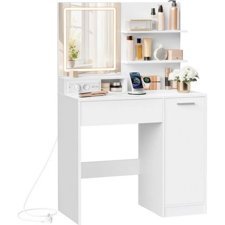 VASAGLE Schminktisch Frisiertisch mit Spiegel, Kosmetiktisch, 2 verstellbaren Ablagen, mit LED-Spiegel und Steckdosenleiste – Bild 4