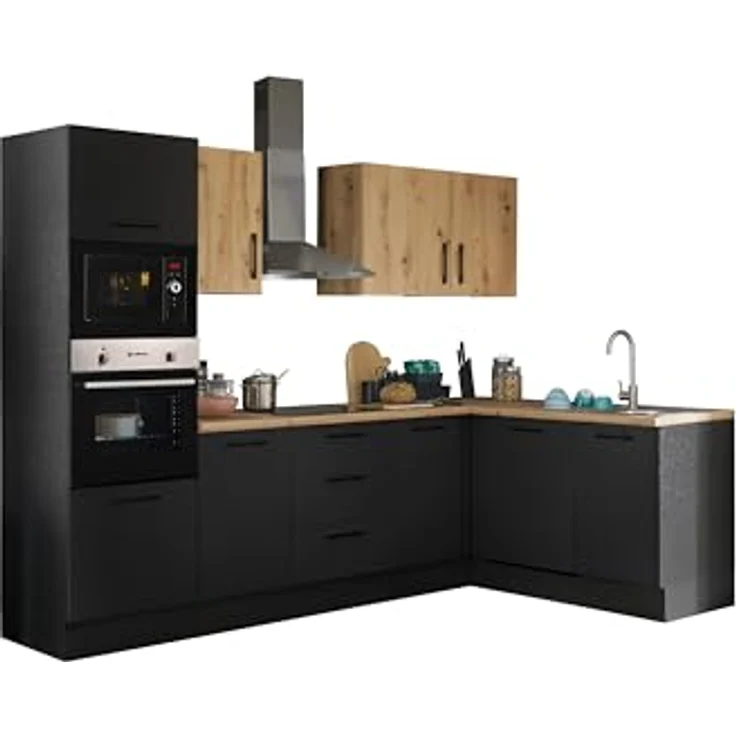 Turin LBM Eckküche 280 x 211 x 60 cm, schwarz - Ohne Küchengeräte - Moderne, geräumige Küche in Artisan-Eiche Optik mit viel Stauraum – Bild 2