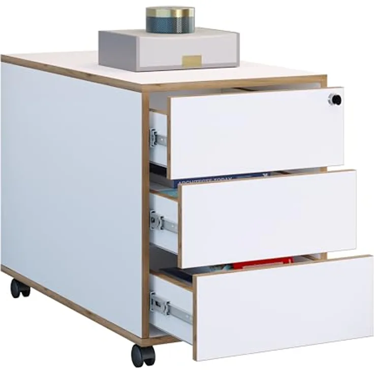 MID.YOU Rollcontainer, Weiß, Honigeiche, 3 Schubladen, 42x50x70 cm, griffloses Öffnen