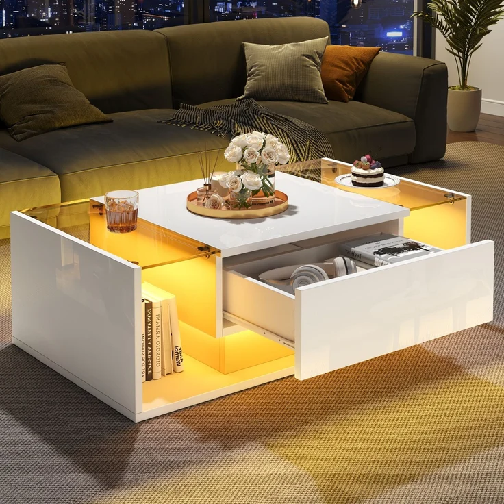 Quadratischer Couchtisch 100 x 50 x 31 cm, Hochglanz Weiß,gehärtetes Glas, 1 Schublade, halboffener Stauraum,mit LED-Lichtleiste – Bild 5