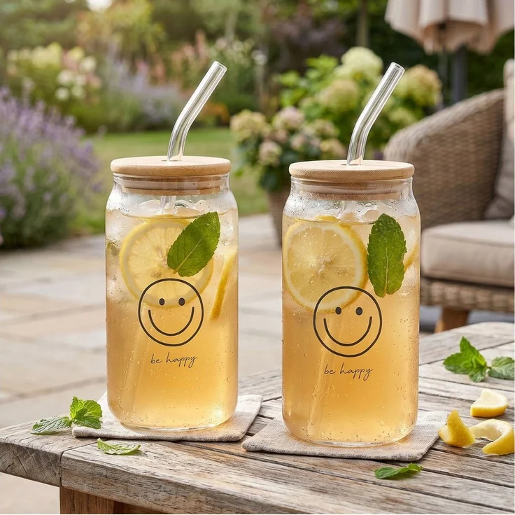 Levandeo® Glas, 2er Set Glas Deckel Strohhalm 500ml Be Happy Smiley Bambusholz – Bild 1