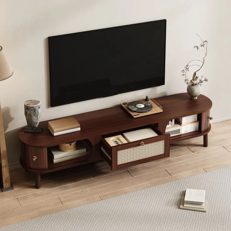 TV-Schrank Holz mit Rattanschubladen, Massivholztüren, Schiebetür, stabiles Design,Walnuss