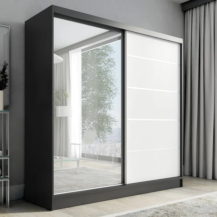 A&J MöbelLand Schwebetürenschrank NERO 200 cm mit Spiegel drei Schubladen