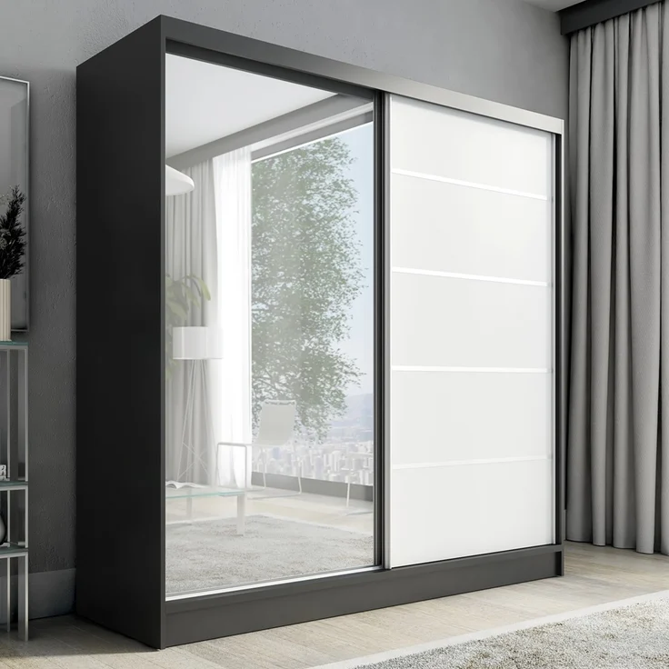 A&J MöbelLand Schwebetürenschrank NERO 200 cm mit Spiegel drei Schubladen – Bild 1