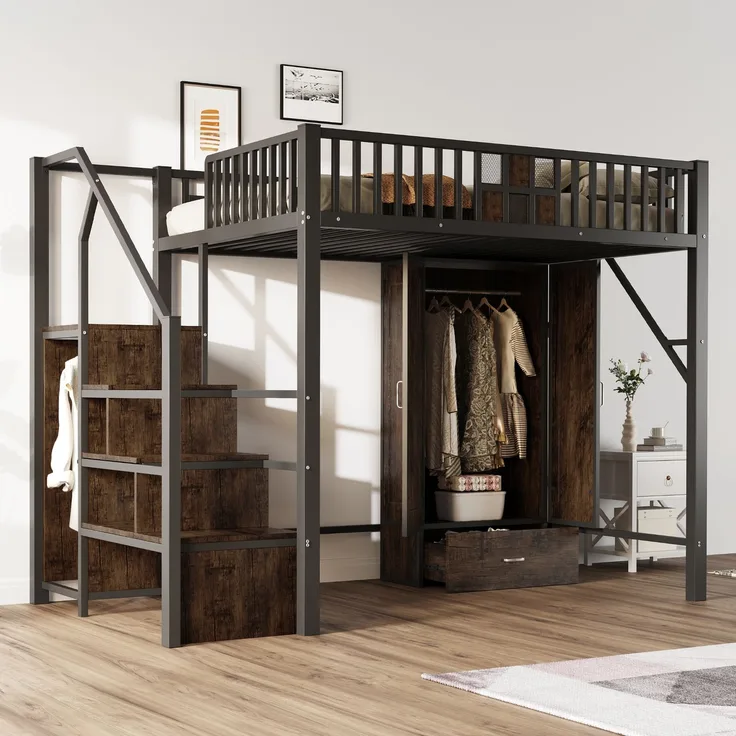 EINHOM Metall-Hochbett 140 x 200 cm mit Markantem Geländerdesign aus Holz und Metallgitter, Komplett mit Großem Kleiderschrank, Schubladen und Aufbewahrungsleiter, Schwarz (Ohne Matratze)