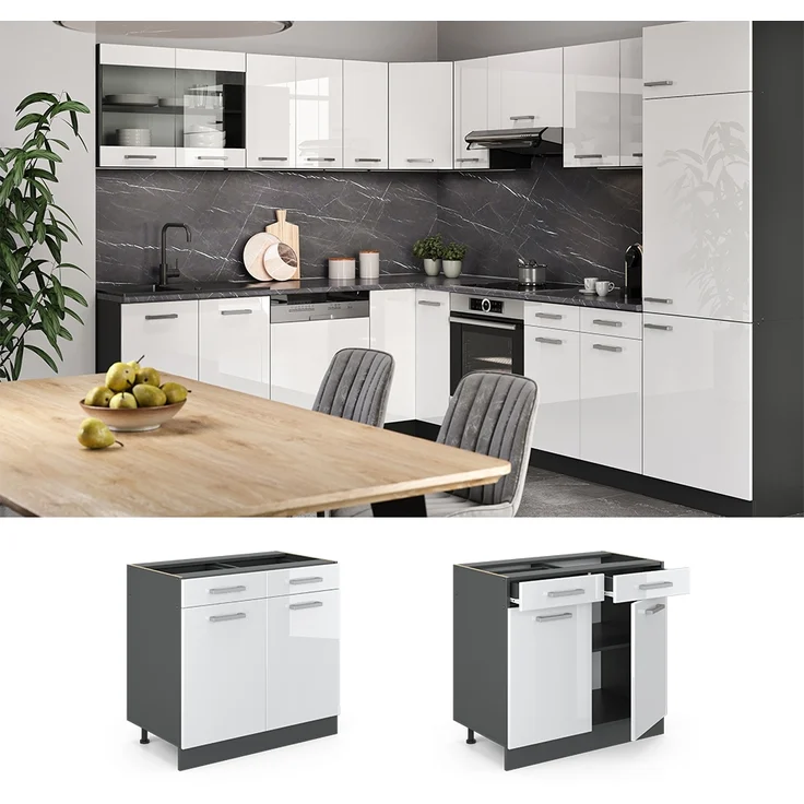 Küchenunterschrank R-Line Weiß Hochglanz 80 cm AP Marmor Vicco – Bild 2