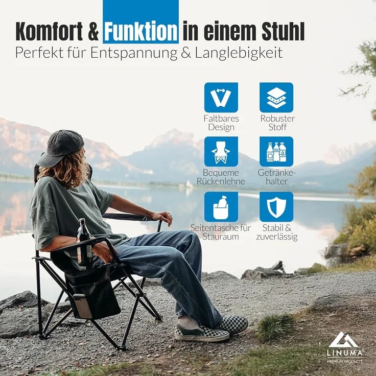 LINUMA® Luxus Faltstuhl PRO PINK Campingstuhl Anglerstuhl mit Getränkehalter & Tragetasche – Bild 8