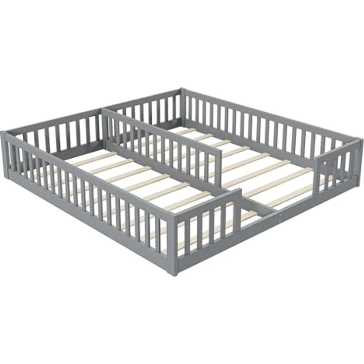FAVSH Bodenbett 90x200 cm, Doppelbett mit Sicherheitsgitter & Lattenrost Stabiles Jugendbett, Holzbett Jugendbett aus Kiefer für Familien mit 2 Kindern, Kiefernholz, Minimalistischer Stil(Grau – Bild 5