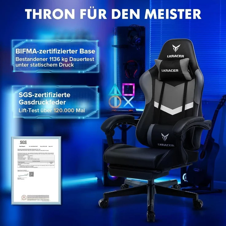 Gaming Stuhl Fußstütze Lendenkissen 150kg Grau – Bild 6