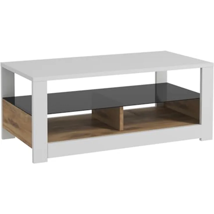 Modern Coffee Table with Glass Shelf, White & Oak, 90 x 37 x 45 cm | 100% Melamine Coated Particle Board, 18 mm Thick | Wall-Mountable, Stylish Design