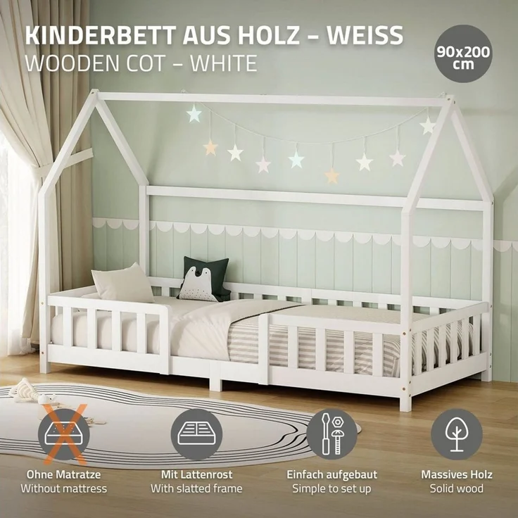 ML-DESIGN Spielbett Hausbett Kinderbett inkl. Lattenrost kreativ Bodenbett für Kinder, Abenteuerbett ohne Matratze 90x200cm Holzbett Weiß Kiefer Bettgestell – Bild 1