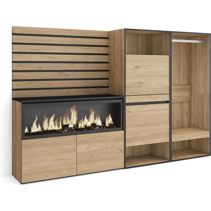 Skraut Home | Sideboard, Kommode | Aufbewahrungsschrank | 227 x 145 x 35 cm | Für Schlafzimmer, Zimmer | Elektrokamin XXL | Schuhschrank | Offener Kleiderschrank | Moderner Stil | Eiche
