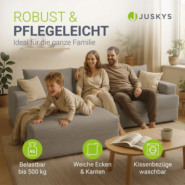 Juskys Sofa Coredo - modernes Cord Sofa mit Ottomane links, gemütliche Couch mit Schaumstoffpolsterung, Cordbezug & Kissen, modular - Hellgrau – Bild 6