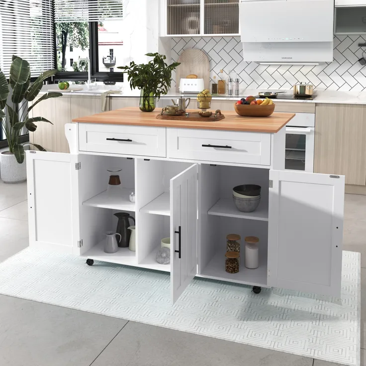 Esstischwagen/Anrichte, 129*46(71)*91,5cm, mit Klapptischplatte, Inneneinlegeböden in den Schranktüren, Kücheninsel auf 5 Rädern mit Stauschränken und 2 Schubladen, für das Esszimmer, Holz/Metall, Weiß, 129 x 46 x 91,5 cm