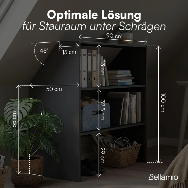 Bellamio 'Aland' Dachschrägenregal, schwarz, 100x50x90 cm, Regal für Dachschräge mit 3 Fächern – Bild 5