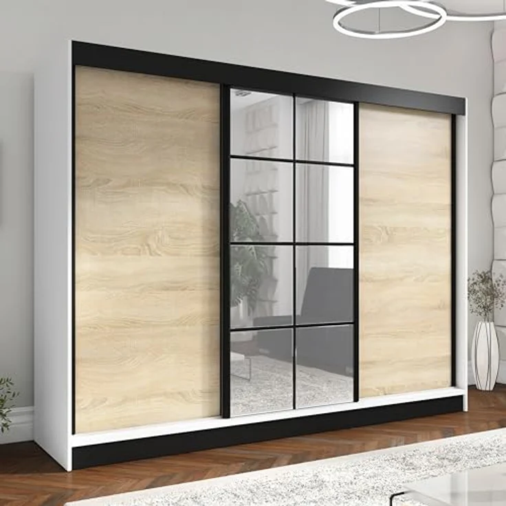 A&J MöbelLand GmbH Schwebetürenschrank ORAVELLE 3-türiger Kleiderschrank mit Spiegel, 4 Schubladen (Kostenlose Lieferung – nur für kurze Zeit! TOP ANGEBOT! Geräumiger Schrank mit einer Breite von 200 cm und Spiegel, ideal zur Aufbewahrung von Kleidung ... – Bild 3