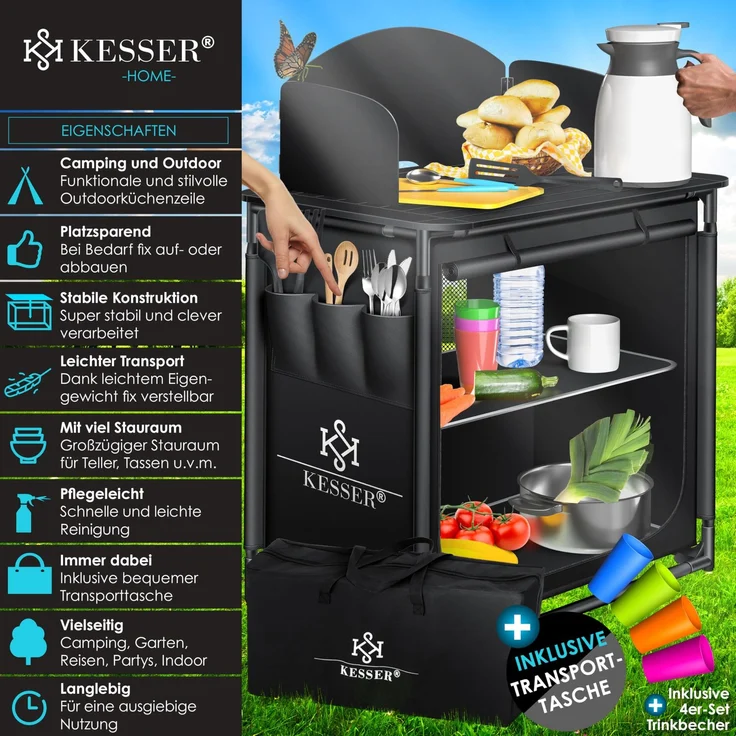 KESSER® Campingschrank, Campingküche mit Aluminiumgestell, inkl. Tragetasche , Kocherschrank für Camping , Campingmöbel , Outdoor Typ F2 (Schwarz) – Bild 2