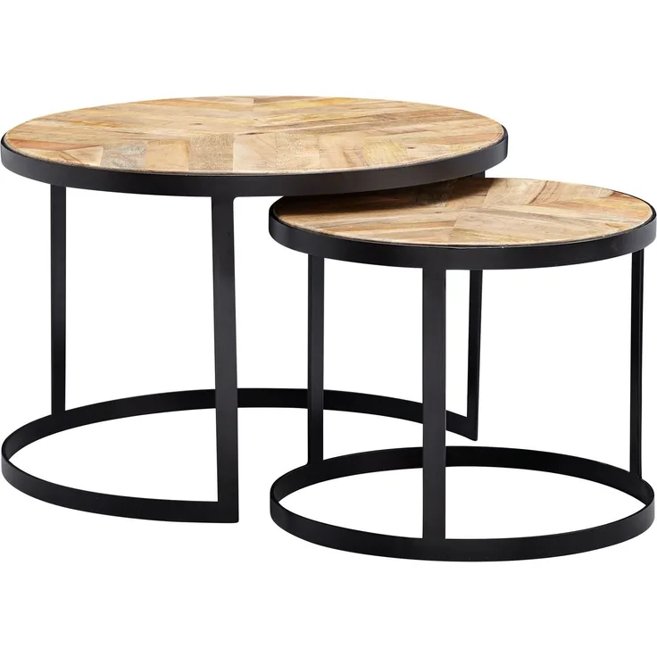 Wohnling Couchtisch 2er Set Massivholz / Metall Wohnzimmertisch Industrial Rund