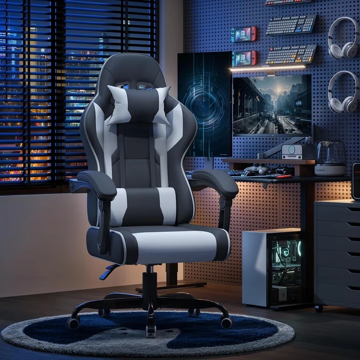 Devoko Gaming Stuhl mit Massagefunktion, Bürostuhl Ergonomisch mit Verstellbarer Ruckenlehne (90-135), Schreibtischstuhl mit Bewegliche Armlehne, max 150kg, Schwarz Weiß – Bild 2