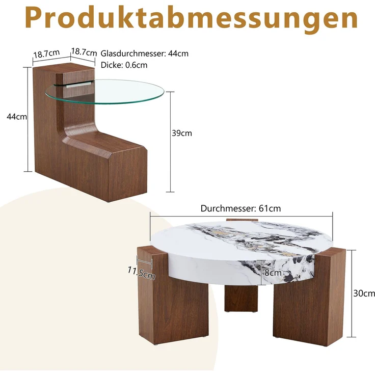 DESVIAE Couchtisch-Set 2-tlg. mit Sicherheitsglas Ø 61 cm, H 30 cm MDF in Nussbaum- und weißer Marmoroptik, 61 x 61 x 30 cm – Bild 10