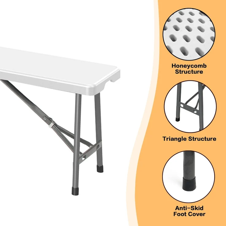 Todeco klappbarer Gartenbank 2er Set 183 x 43 x 30 cm, Bierbank Metall, Partybank für Camping BBQ Party Buffet Hochzeit, Weiß – Bild 4