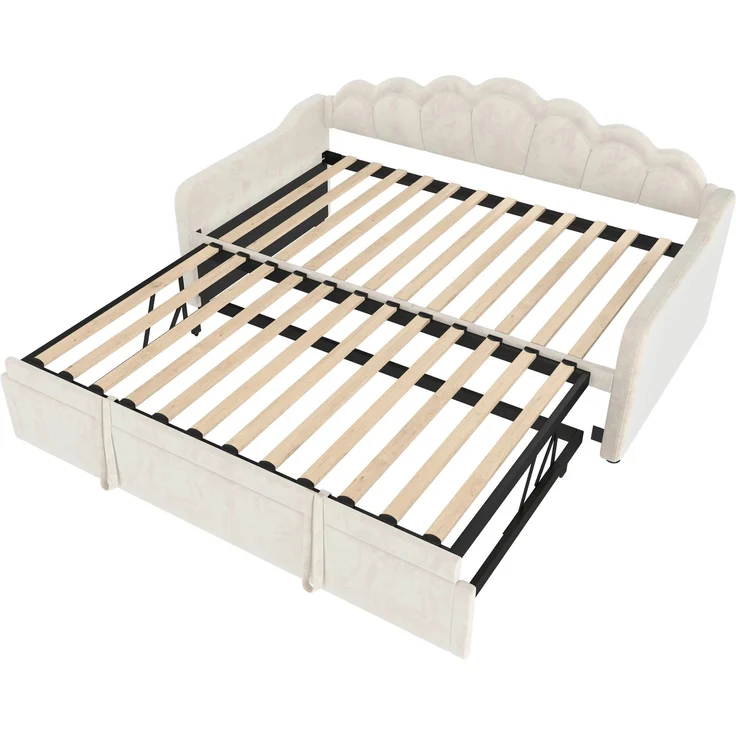 Merax Einzelbett, Kinderbett 90x200cm(180x200cm), Schlafsofa, Tagesbett mit ausziehbarem Bett, Samt, Farbwechselbarer LED-Streifen, Beige – Bild 9