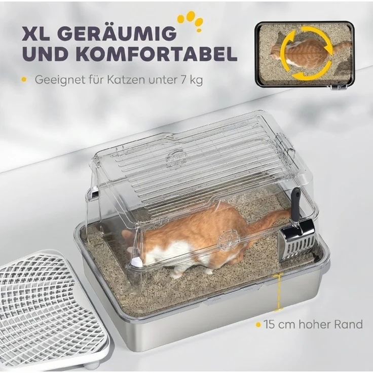 Katzentoilette 60,2 x 40,2 x 43,3 cm aus Edelstahl mit Deckel und XL-Innenraum, Hellgrau – Bild 6