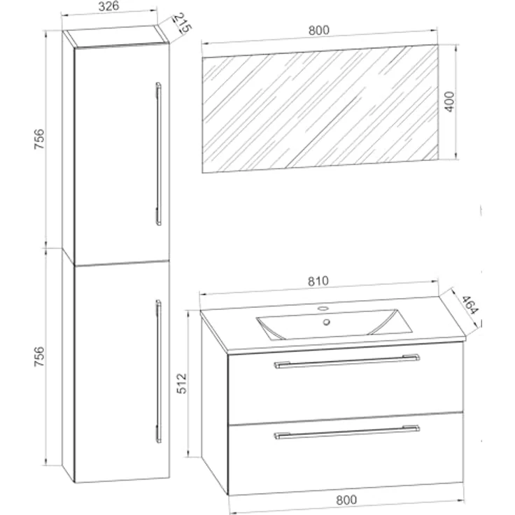 VCM Badmöbelset Badinos, 4-tlg. Waschplatz mit 2 Schubladen, Spiegel aus ESG-Sicherheitsglas, Keramik Waschbecken, Unterschrank 61x46 cm oder 81x46 cm, Hochschrank 151x33x22 cm – Bild 4