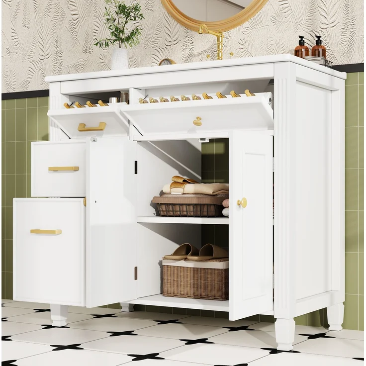 Freistehender Waschtisch 91 x 46,5 x 87 cm mit Keramikbecken und Schubladen – Weiß – Bild 2