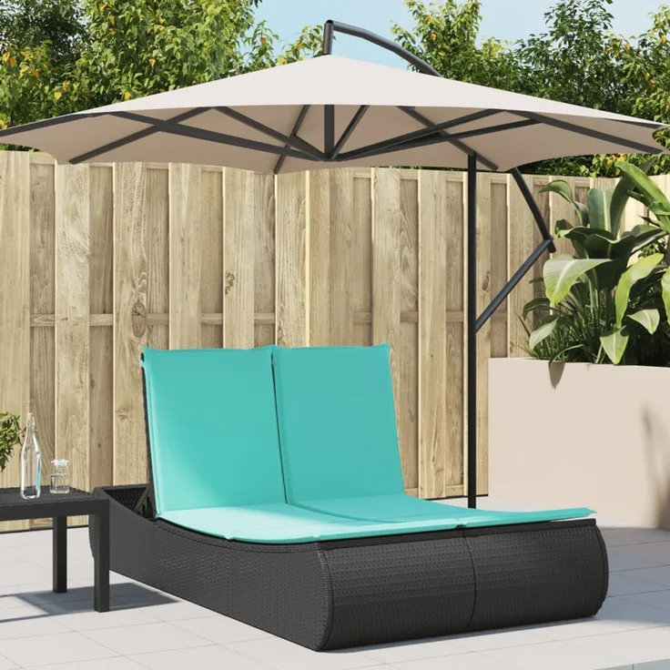 vidaXL Doppel-Sonnenliege mit Kissen Schwarz Poly Rattan 368098