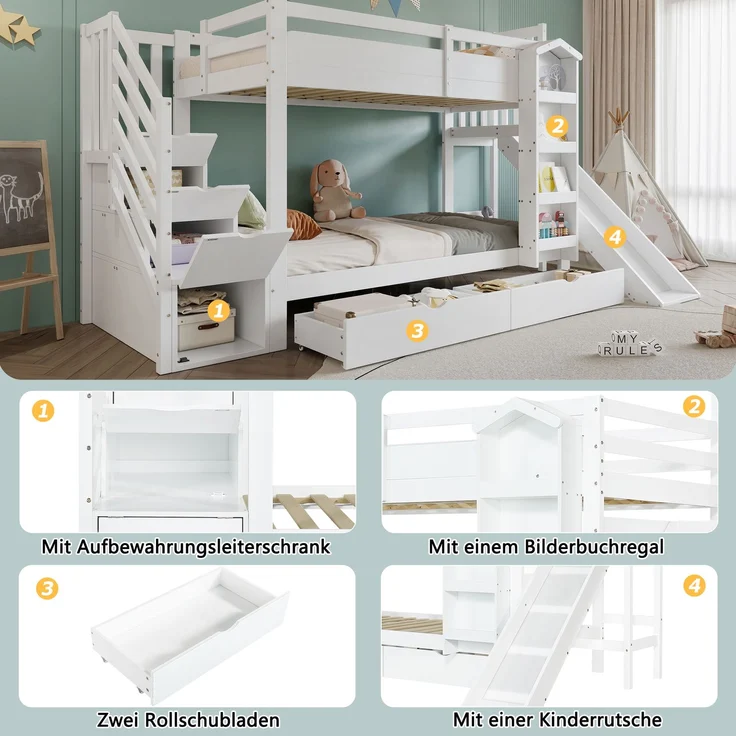 Merax Etagenbett, 90x200cm Kinderbett, Mit Bilderbuchregal, zwei Schubladen auf Rollen und Kinderrutsche, Treppenaufbewahrungs-Schrank, Weiß – Bild 6