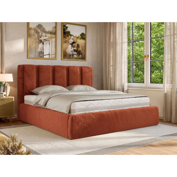 Polsterbett SAVINO CLASSIC mit Bettkasten und Lattenrost Doppelbett 140 x 200 cm mit hohem Kopfteil Stauraumbett Bett mit Gasdruckfeder - Orange Plüsch - Foam Matratze - MIRO LUX – Bild 1