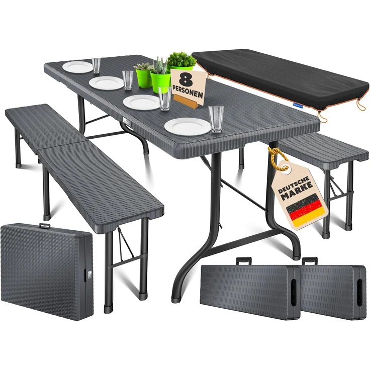 KESSER® Bierzeltgarnitur 3-teilig Set Tisch & 2x Bank | Buffettisch für drinnen & draußen Gartengarnitur klappbar 183x76x74cm Kunststoff Klapptisch Gartentisch inkl. Abdeckung & Tragegriffe Anthrazit, Rattan – Bild 1